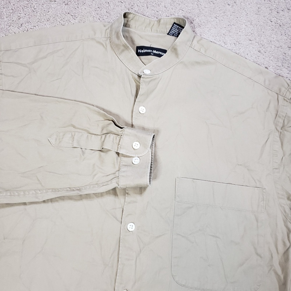 Vintage Neiman Marcus Shirt Men M Tan Khaki Blade Band Collar Long Sleeve Button